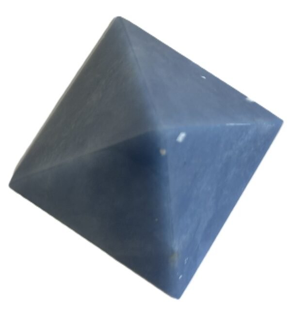 Polished natural angelite crystal pyramid2 sians emporium Polished blue angelite four sided pyramid showing natural white veining and earthy inclusions on a white background